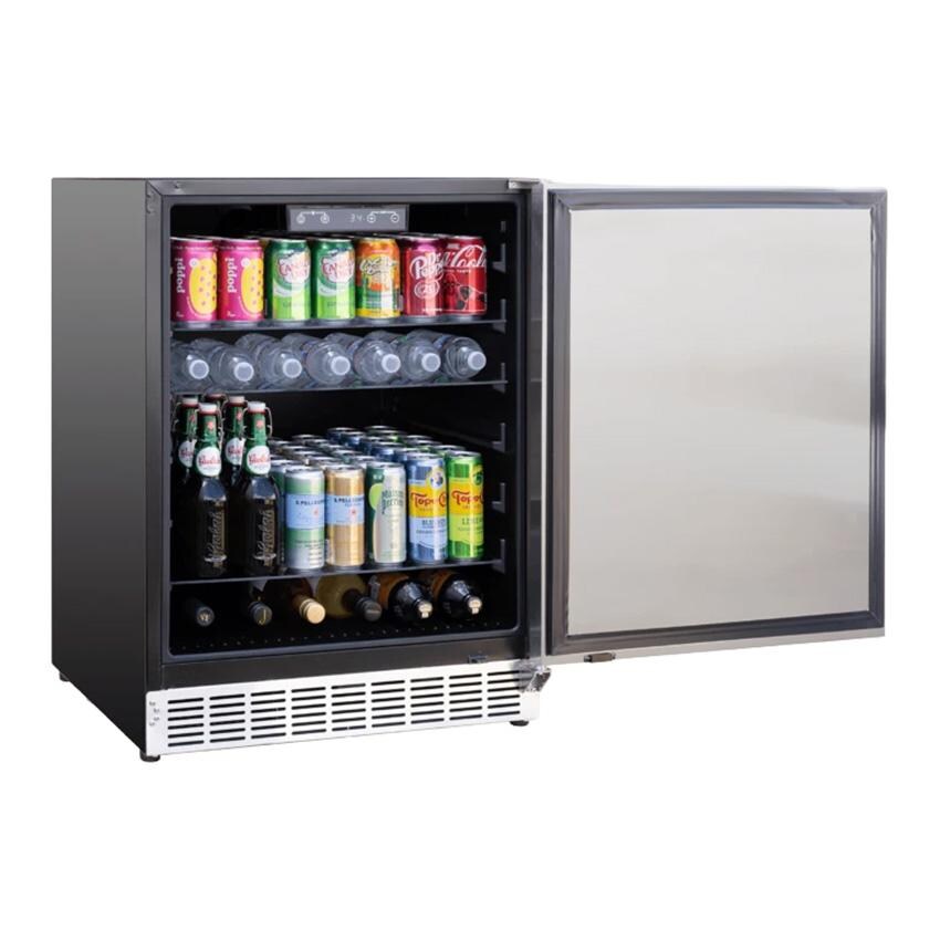 Summerset RFR-24S-A 24 Inch Outdoor Rated Refrigerator - Angled - Open View - Fridge Full - White Background thumbnail