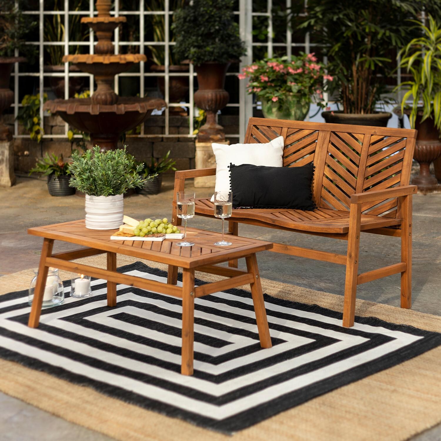 Walker Edison Vincent 2 Piece Acacia Patio Conversation Set W/ 42 X 20 Inch Rectangular Table - Brown image