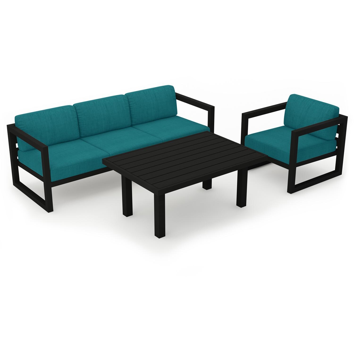 Lakeview MSTYCV-BK-SET138-PC Misty Cove 3 Pc Aluminum Seating Set in Black w/Chat Table & Spectrum Peacock Cushions by Lakeview Outdoor Designs - Set Angled View - White Background thumbnail