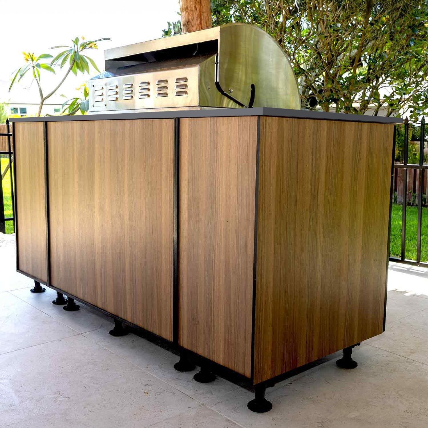 BBQGuys Signature Beech 6 Ft Outdoor Kitchen Island w/ Blaze Propane Grill in Noce Havana/Lunar Grey - Back Angle - Lifestyle thumbnail