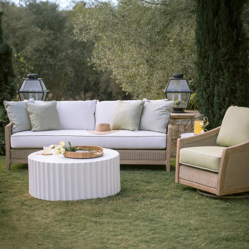 Cambria Teak Sofa in Light Wood/Canvas Canvas by Sunset West - Shown w/ Chair and Coffee Table (Not Included) - Lifestyle thumbnail