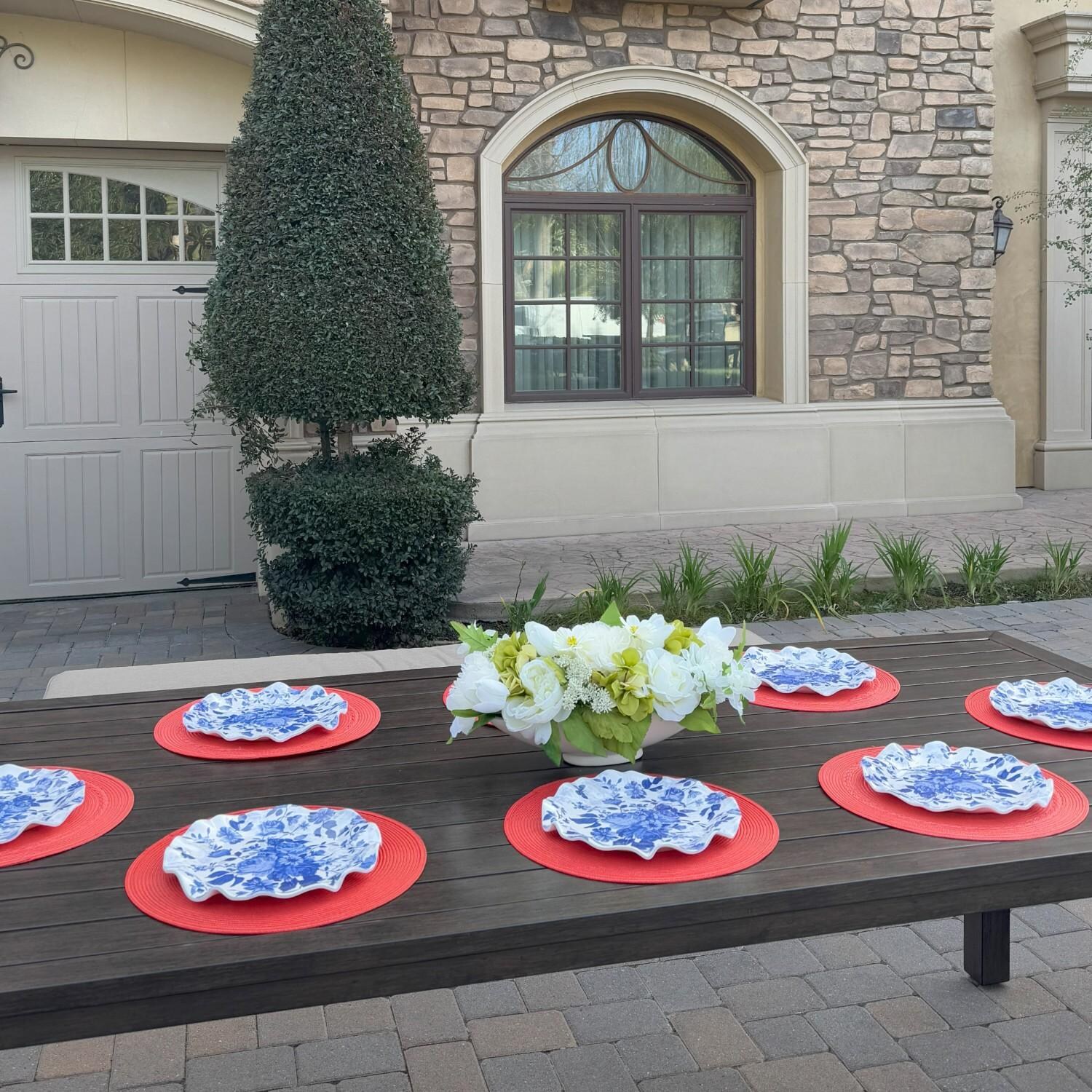 Atlantis 5 Pc Aluminum Dining Set w/ 2 Swivel Rocker Dining Arm Chairs & 2 Three Person Benches in Walnut/Beige by Darlee - Table - Lifestyle thumbnail