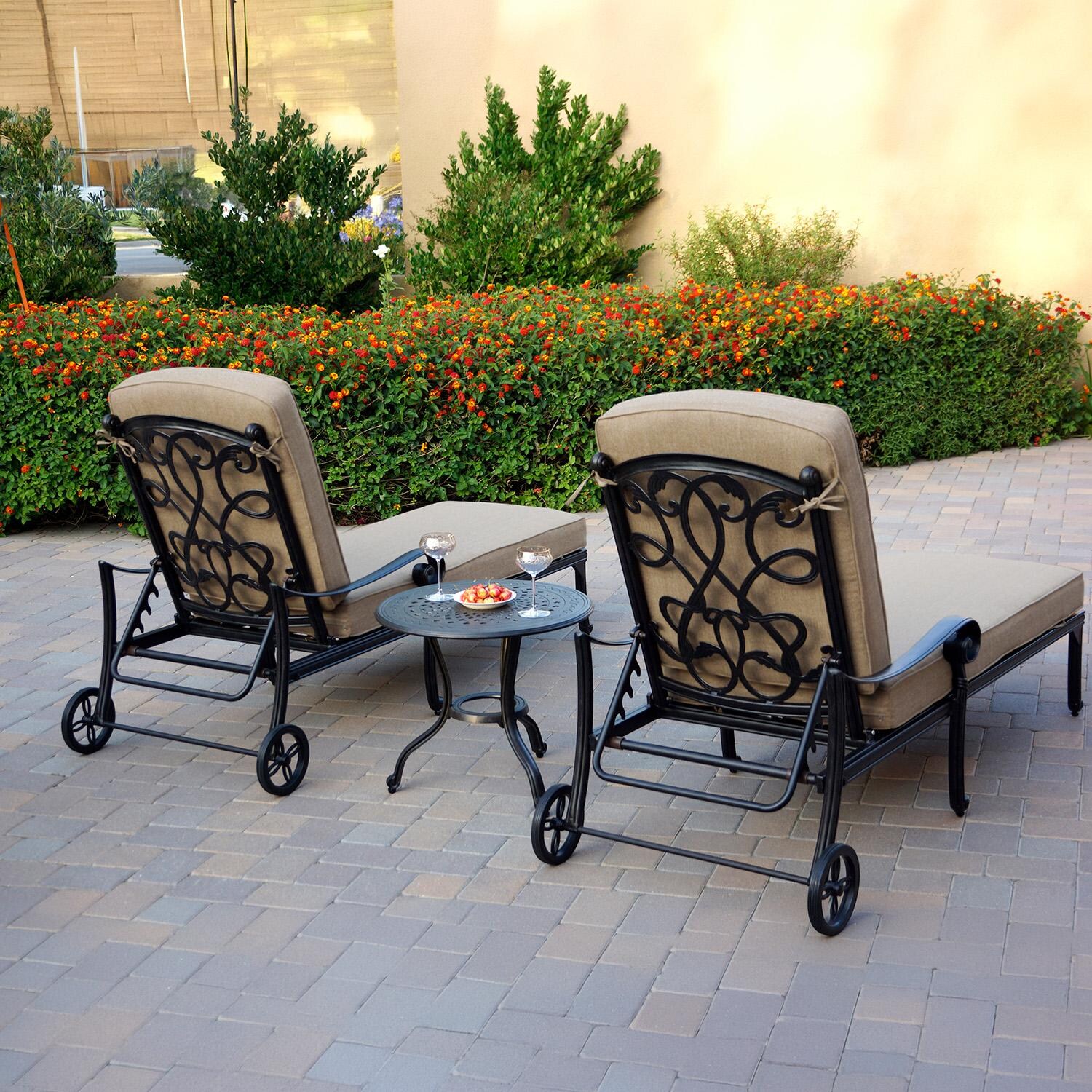 Darlee Santa Monica 3 Pc Cast Aluminum Chaise Lounge Set w/ 24 Inch Round End Table & Beige Canvas Cushions - Seet Back - Lifestyle thumbnail