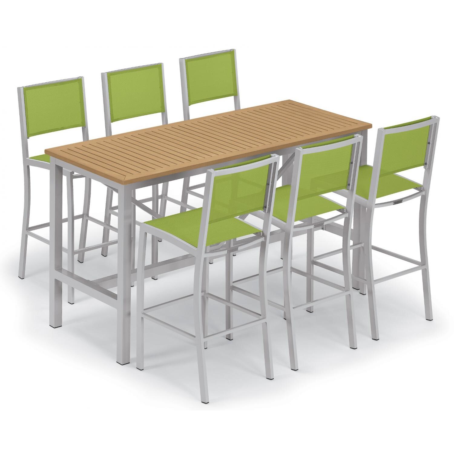 Travira 7 Piece Aluminum Patio Bar Set W/ 72 X 30 Inch Rectangular Table and Tekwood Natural Tabletop By Oxford Garden - Go Green Sling thumbnail