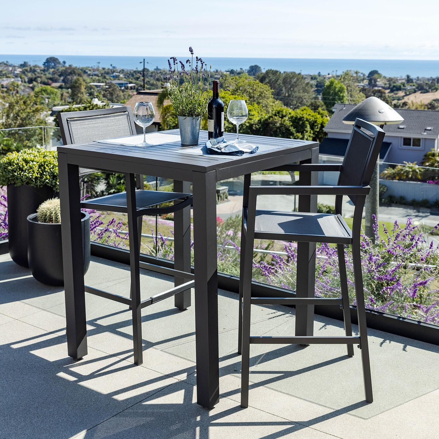 Sunset West Vegas Aluminum Patio Sling Barstool W/ Textilene Graphite Slings - Shown w/ Set Full View - Lifestyle thumbnail