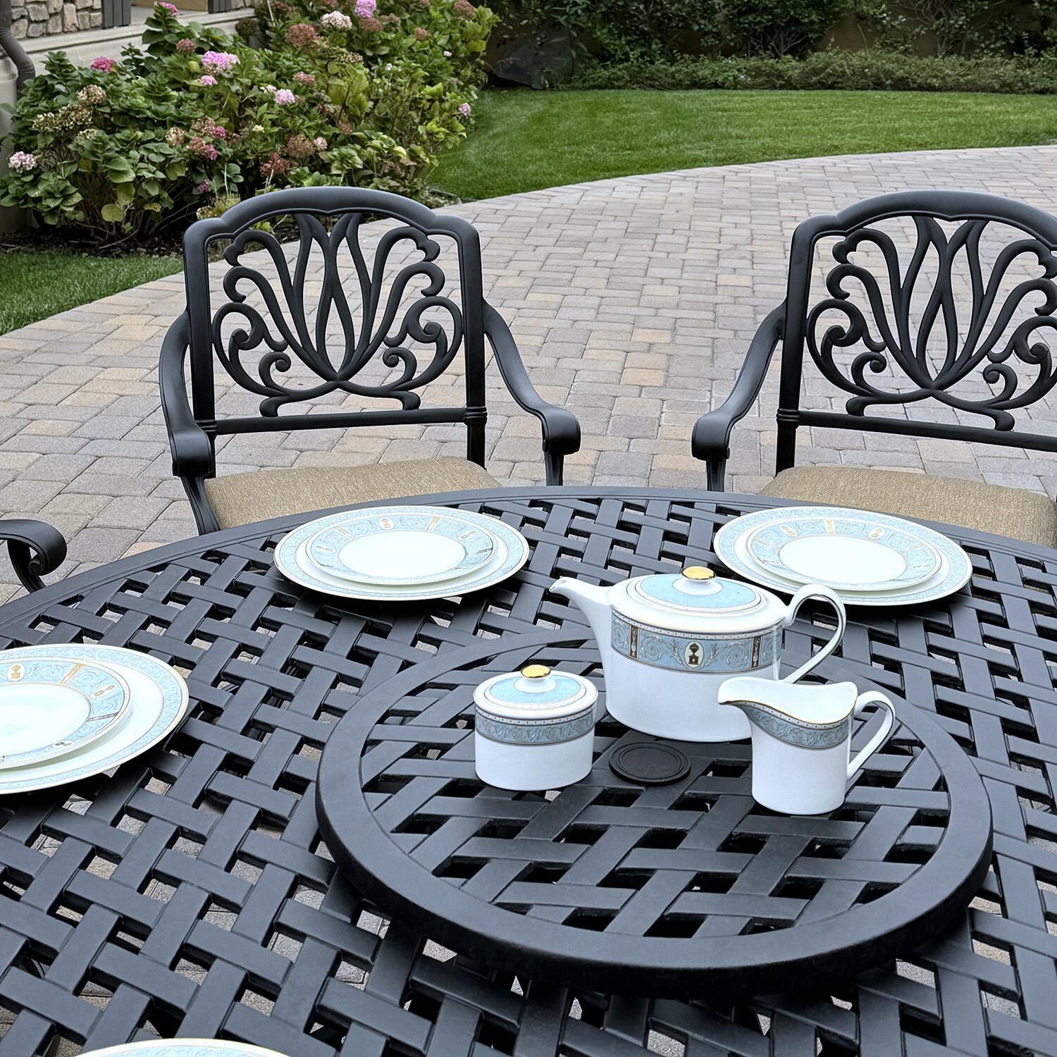 Darlee Elisabeth 8-Pc Dining Set w/ 60-Inch Series 30 Table w/ Lazy Susan & Swivel Rockers in Antique Bronze/Beige - Lazy Susan - Lifestyle thumbnail