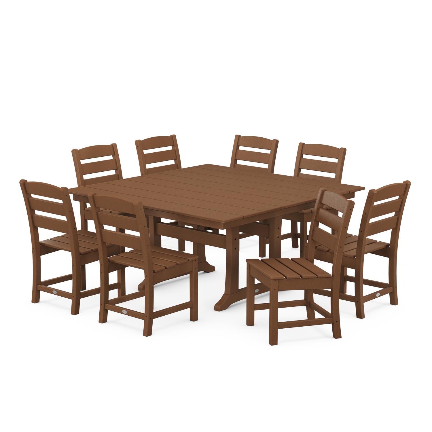 POLYWOOD PWS661-1-TE Lakeside 9-Piece Farmhouse Trestle Dining Set - Teak thumbnail