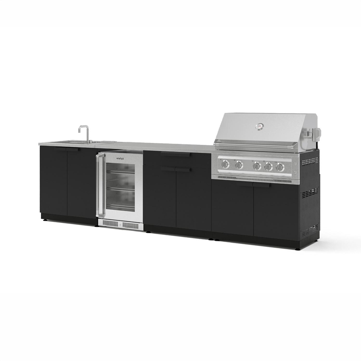 NewAge Products 71468 Classic Series 10 1/2 Ft Outdoor Kitchen Island w/ 36-in Natural Gas Grill, Sink, Glass Door Refrigerator, Trash Bin, Door & Drawer in Matte Black/Stainless Steel - Angled - White Background thumbnail