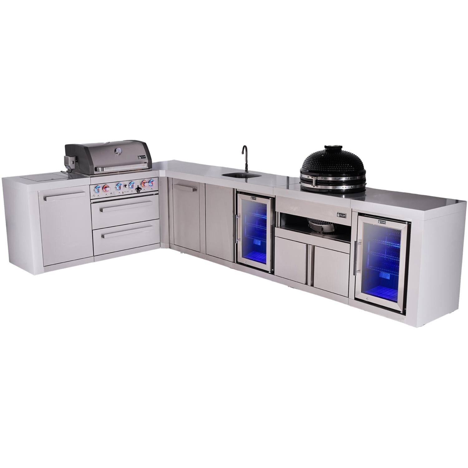 Mont Alpi Deluxe Series 13 1/2 Ft L-Shaped Natural Gas Outdoor Kitchen Island w/ 32-in Grill, Side Burner, Beverage Center, Kegerator, Kamado Module & Triple Drawer (Ships Propane w/ Conversion Kit) - Island - White Background thumbnail