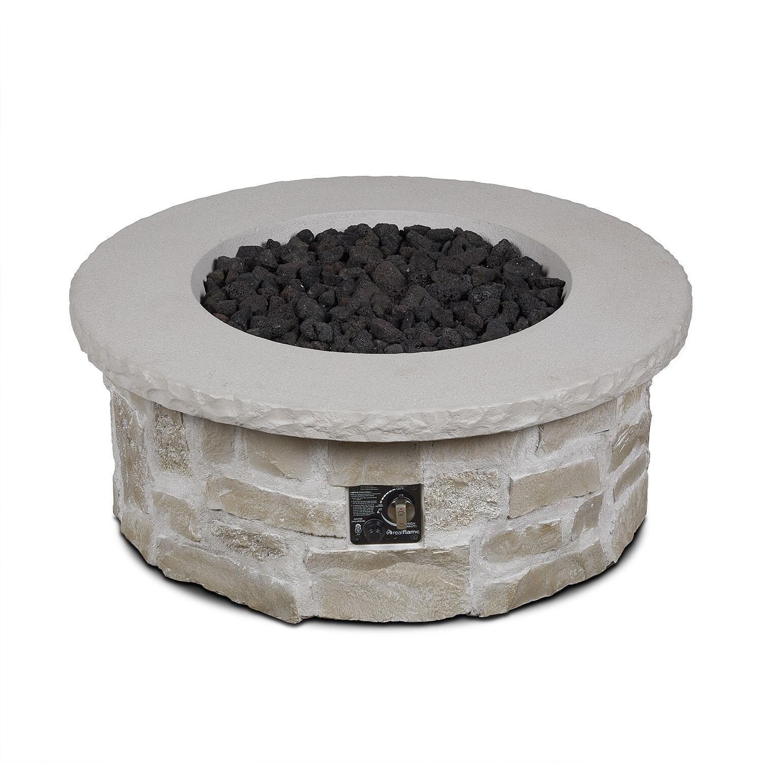 Heritage 40 Inch Round Stone Propane Fire Pit Table in Beige by Lakeview - Off - White Background thumbnail