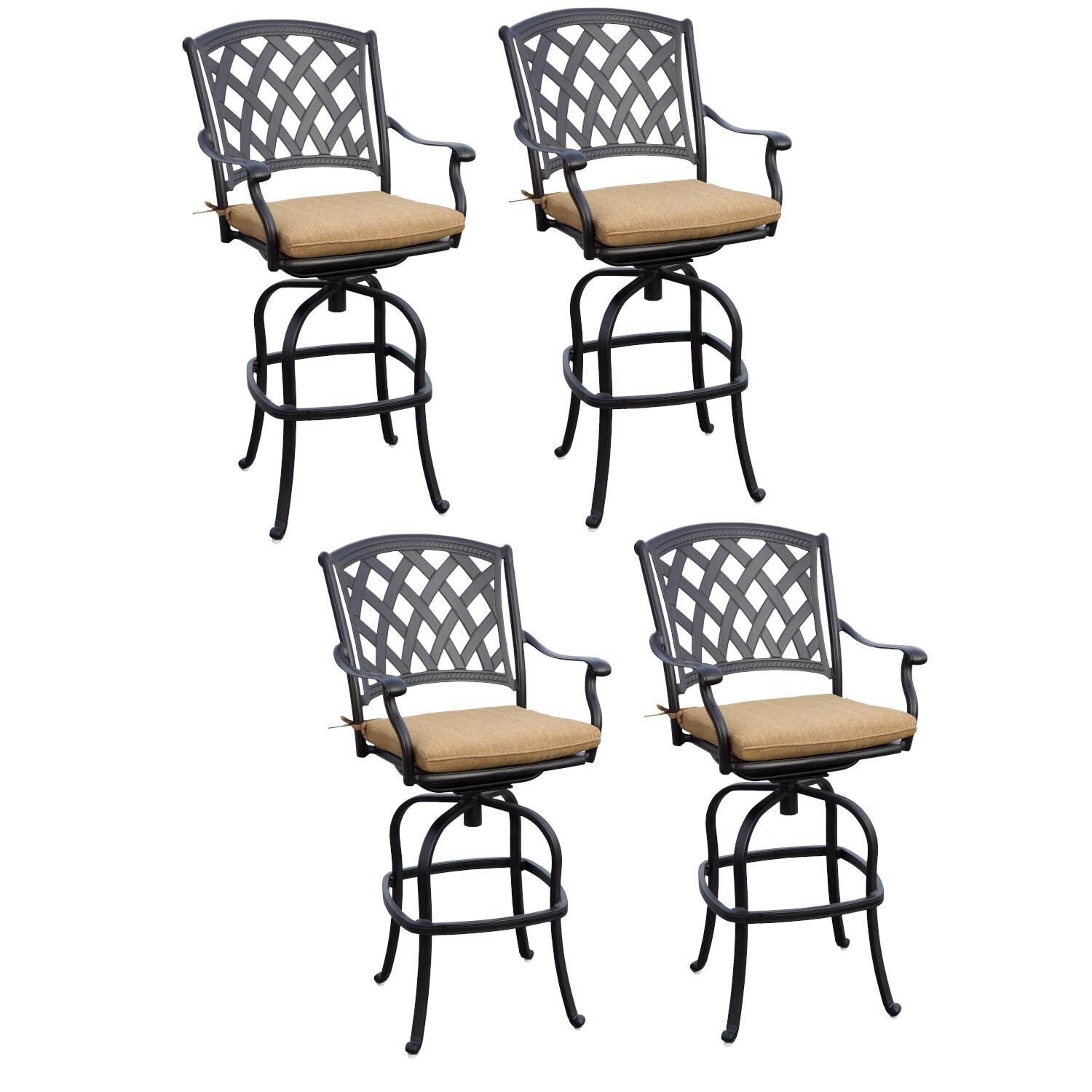 Darlee Ocean View 4 Piece Cast Aluminum Patio Swivel Rocker Bar Stool Set W/ Sesame Cushions image