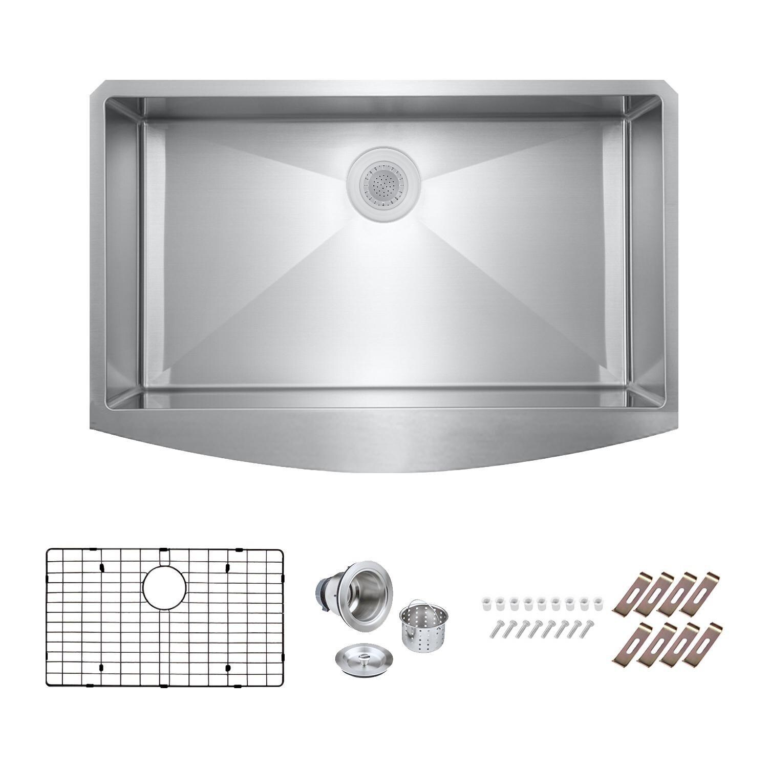 BBQGuys Signature Farmhouse Bowed Apron Stainless Steel 30-Inch Sink W/Grid and Strainer - White Background thumbnail