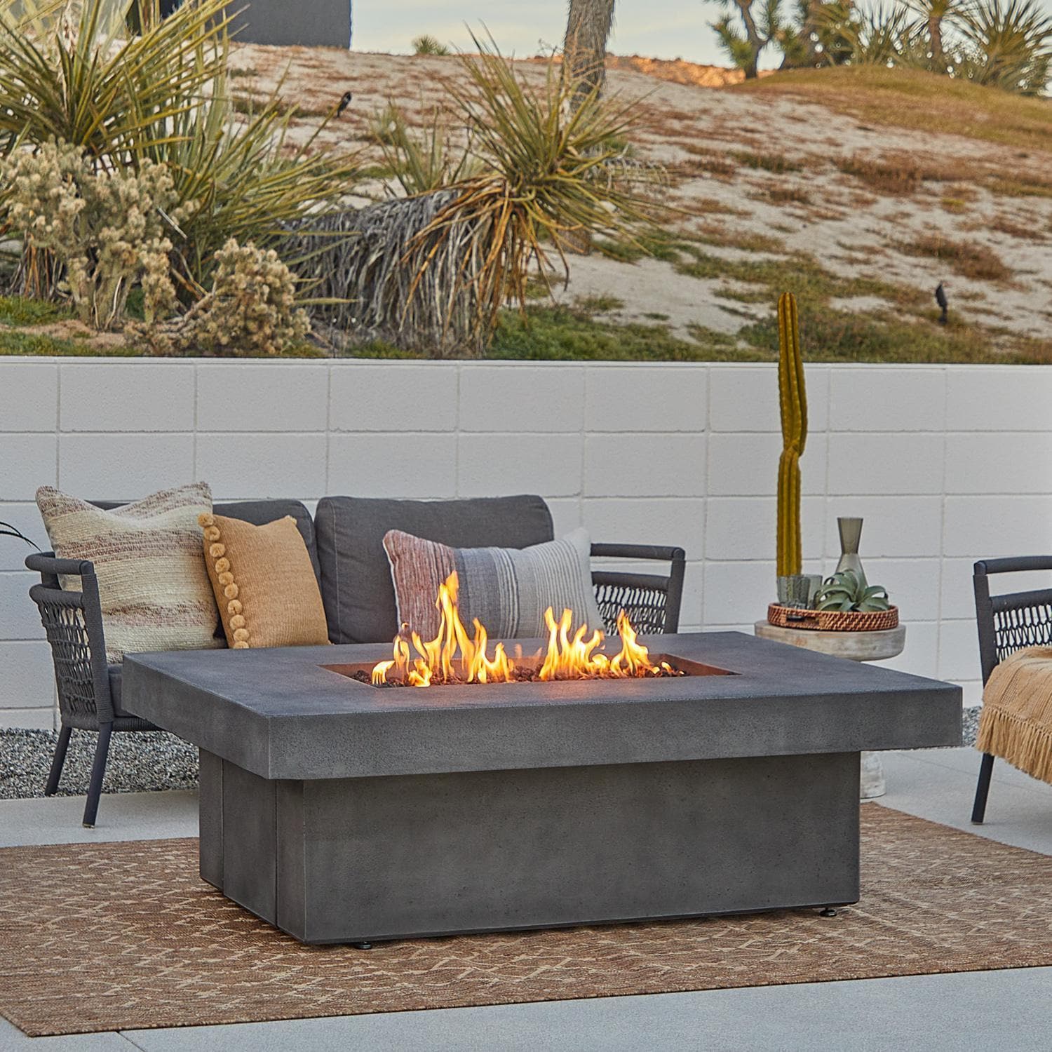 Hickory Bay 3708NG-SMK 60 Inch Rectangular GFRC Natural Gas Fire Pit Table in Smoke by BBQGuys Signature - Display - White Background thumbnail