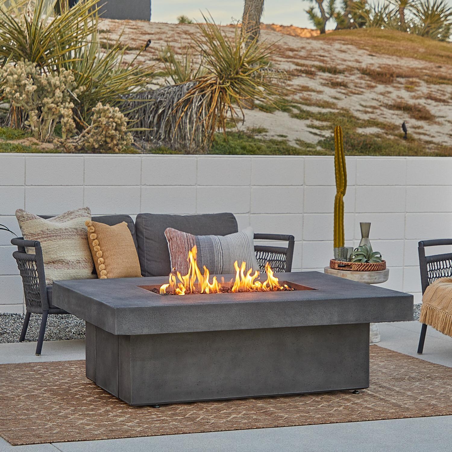 Hickory Bay 3708LP-SMK 60 Inch Rectangular GFRC Propane Fire Pit Table in Smoke by BBQGuys Signature - Display - White Background