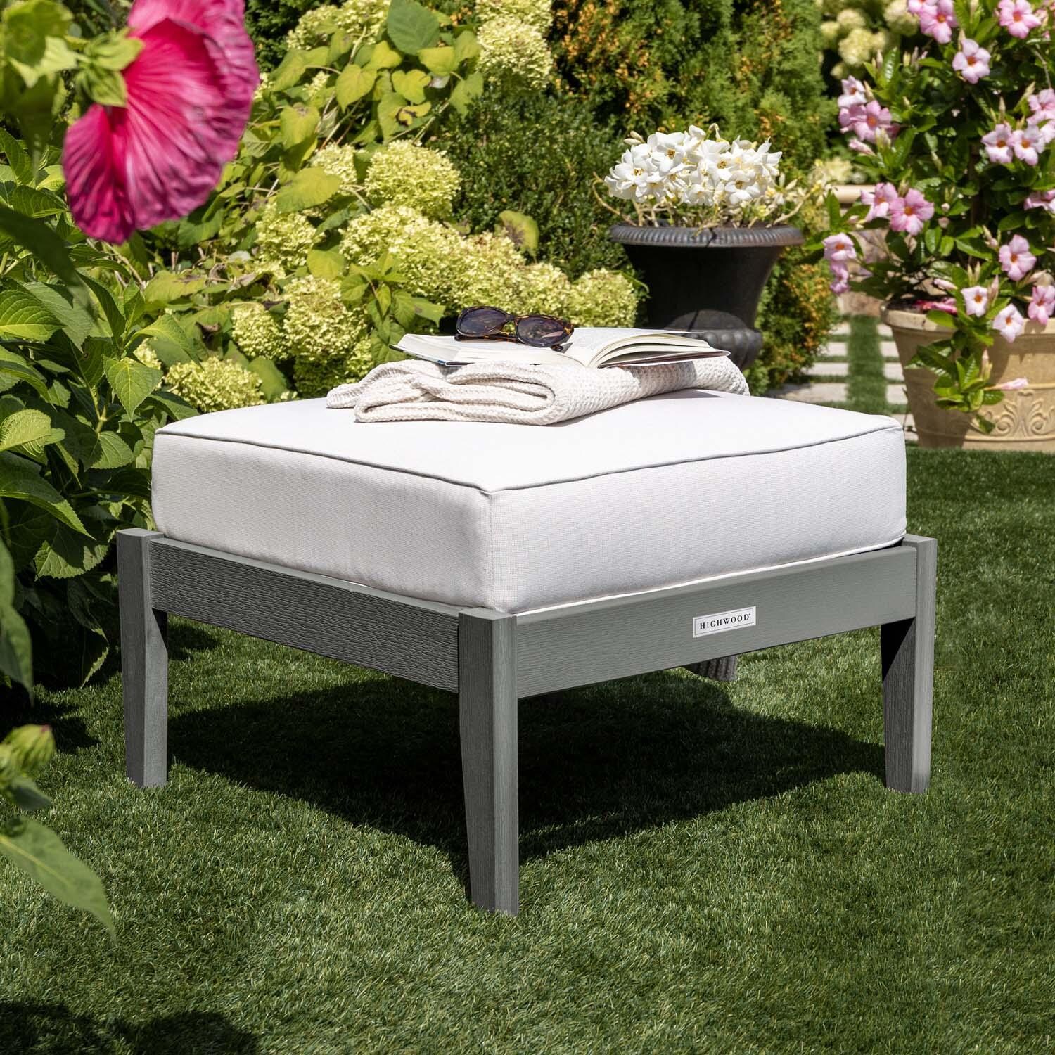 Blushing Bay Recycled Plastic Ottoman in Bliss Linen/Coastal Teak by Lakeview Outdoor Designs