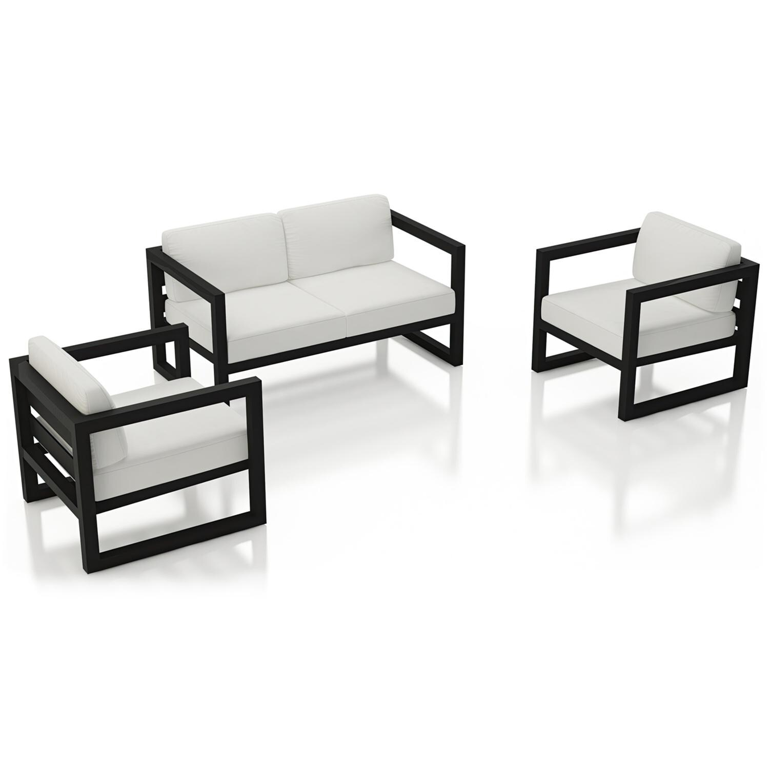 Lakeview MSTYCV-BK-3LSS-CN Misty Cove 3 Pc Aluminum Seating Set in Black w/Loveseat & Canvas Natural Cushions by Lakeview Outdoor Designs - Set Angled View - White Background thumbnail
