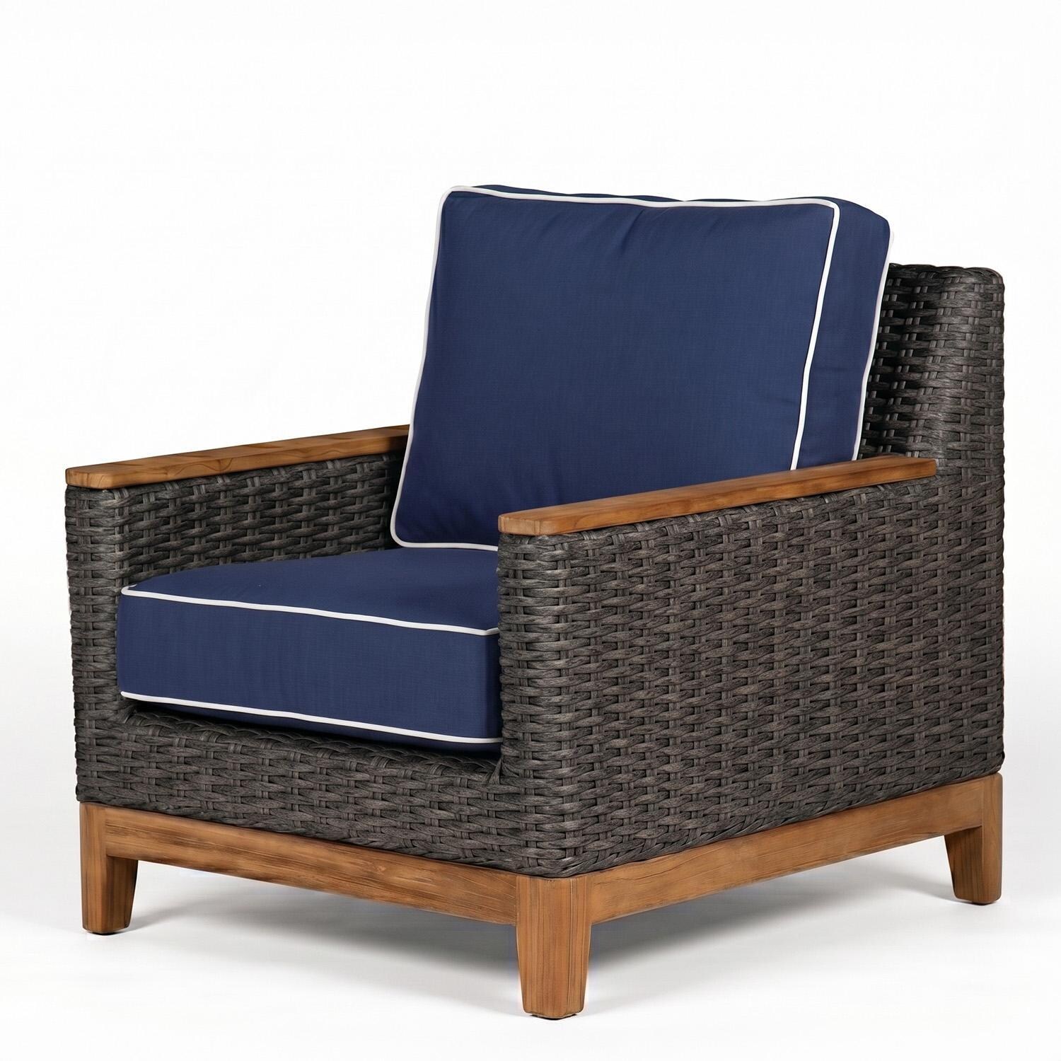 Royal Teak Collection BOCACH-N Boca Wicker Club Chair w/ Sunbrella Cushion in Gray/Navy w/ White Piping - Chair - White Background thumbnail