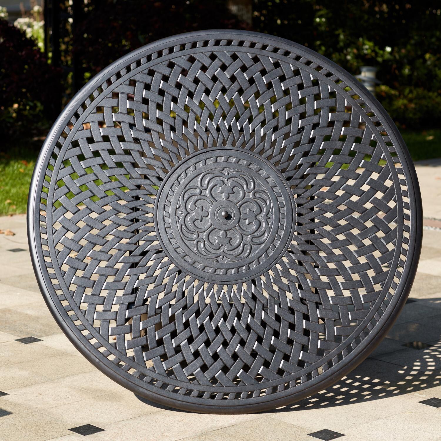 Darlee 201030-7PC-60GD Sedona 7 Piece Cast Aluminum Patio Fire Pit Dining Set W/ 60 Inch Round Table & Beige Canvas Cushions - Table Detail thumbnail
