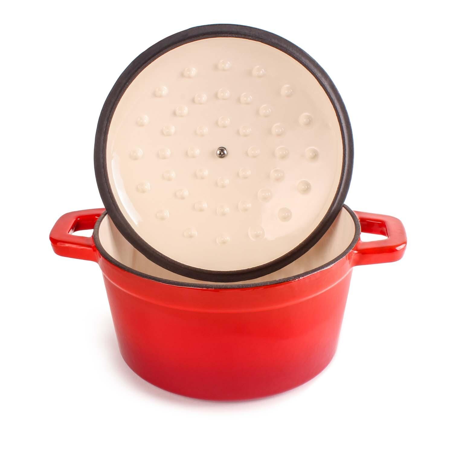 BergHOFF 8-in Neo Cast Iron 3 Qt. Round Dutch Oven w/ Lid - Red - Lid Propped - White Background