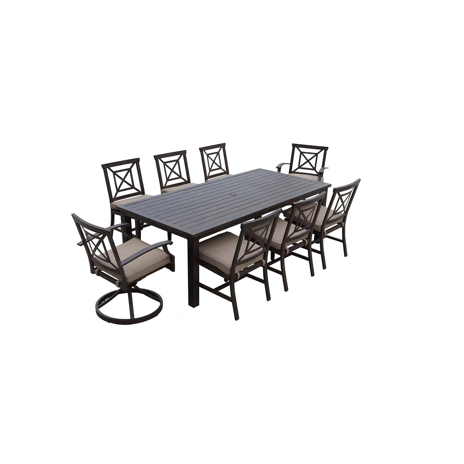 Atlantis 9 Pc Aluminum Dining Set w/ 88 Inch Table, Swivel Rockers, and Beige Cushions in Walnut By Darlee - White Background thumbnail
