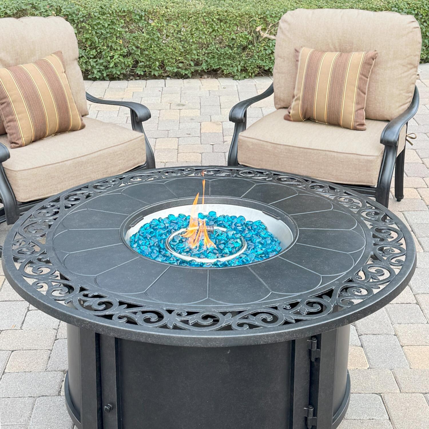 Darlee Elisabeth 6 Pc Cast Aluminum Fire Pit Loveseat Seating Set w/ 47 Inch Table & Throw Pillows in Antique Bronze/Beige - Table Lit - Lifestyle thumbnail