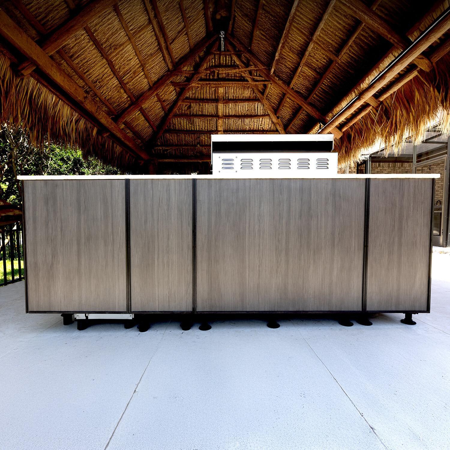BBQGuys Signature Oasis 8 Ft Outdoor Kitchen Island w/ Blaze Propane Grill & Refrigerator in Grey Cedar/Icecap White - Back - Lifestyle thumbnail
