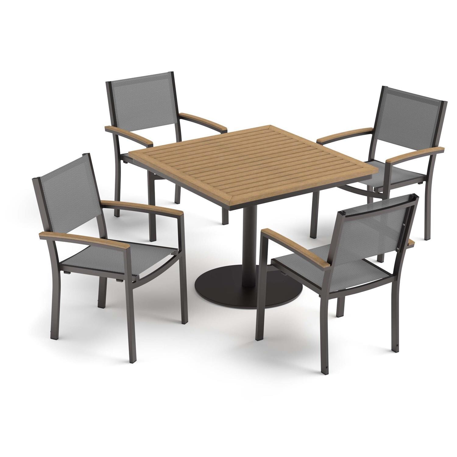 Oxford Garden Travira 5 Pc Composite Sling & Aluminum Dining Set W/ Natural Tekwood Arm Caps & Square Table Top in Carbon/Titanium - Top View thumbnail