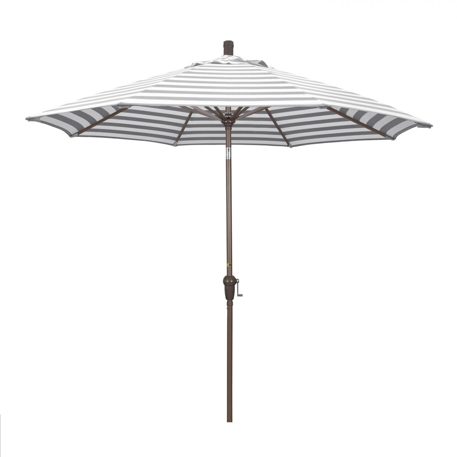 California Umbrella Sunset Series 9 Ft Octagonal Aluminum Auto Tilt Patio Umbrella W/ Crank Lift - Champagne Frame / Olefin Gray White Cabana Stripe Canopy