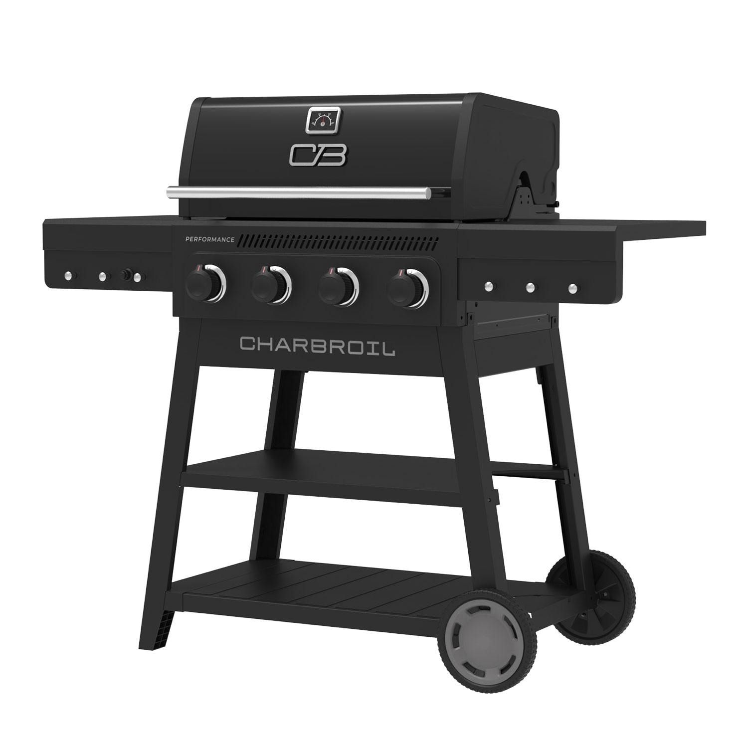 Charbroil 463348825 Performance Series 4-Burner Propane Grill A-Frame Cart - Black & Stainless Steel - Angled Left - White Background thumbnail