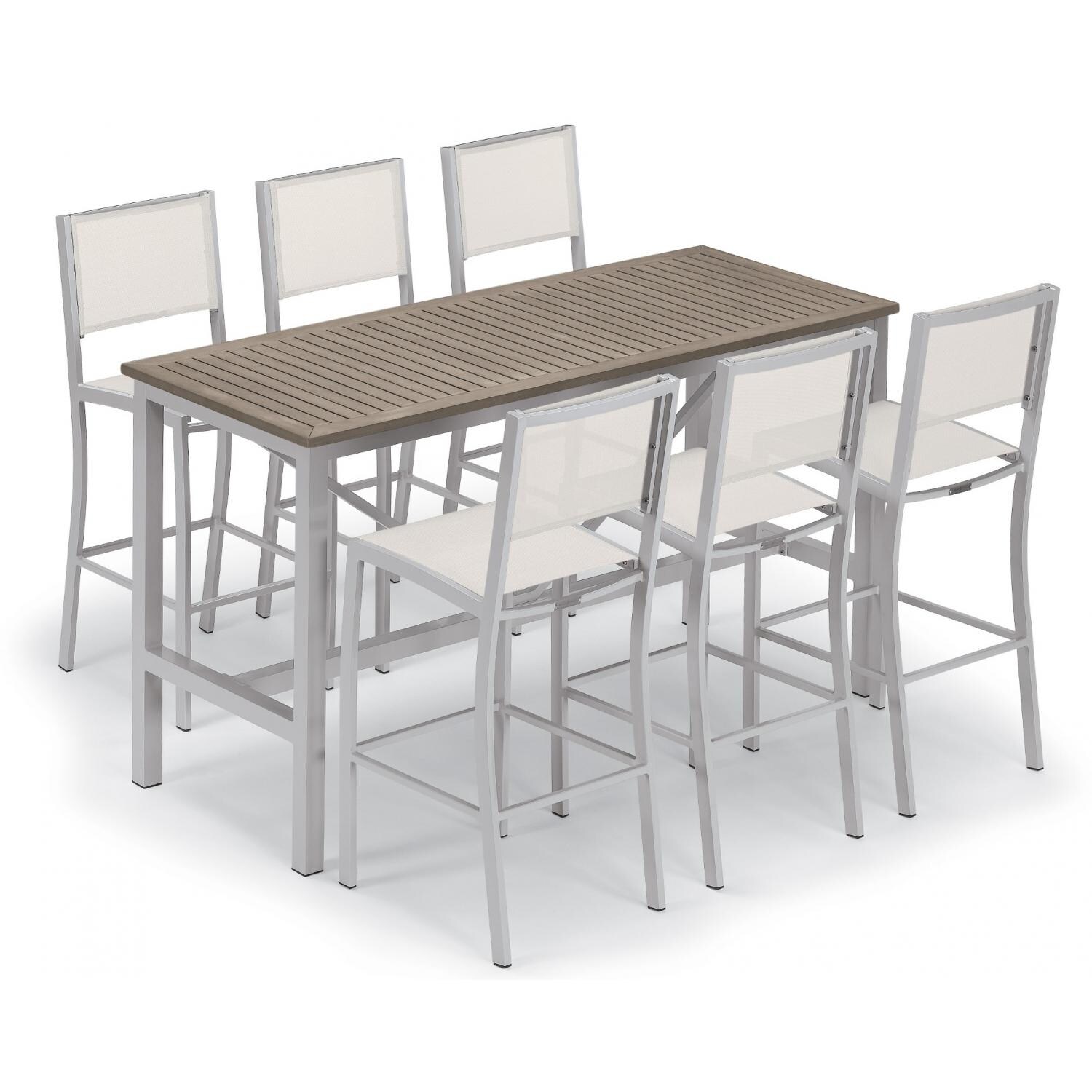 Travira 7 Piece Aluminum Patio Bar Set W/ 72 X 30 Inch Rectangular Table and Tekwood Vintage Tabletop By Oxford Garden - Natural Sling thumbnail