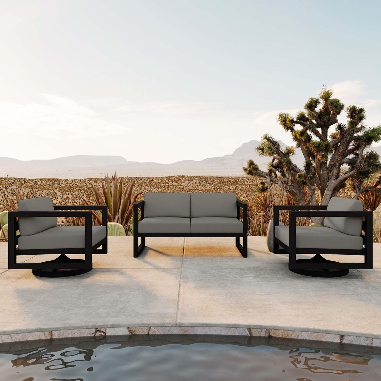 Misty Cove 3 Pc Aluminum Loveseat Seating Set w/ Swivel Chairs in Black/Canvas Charcoal by Lakeview Outdoor Designs