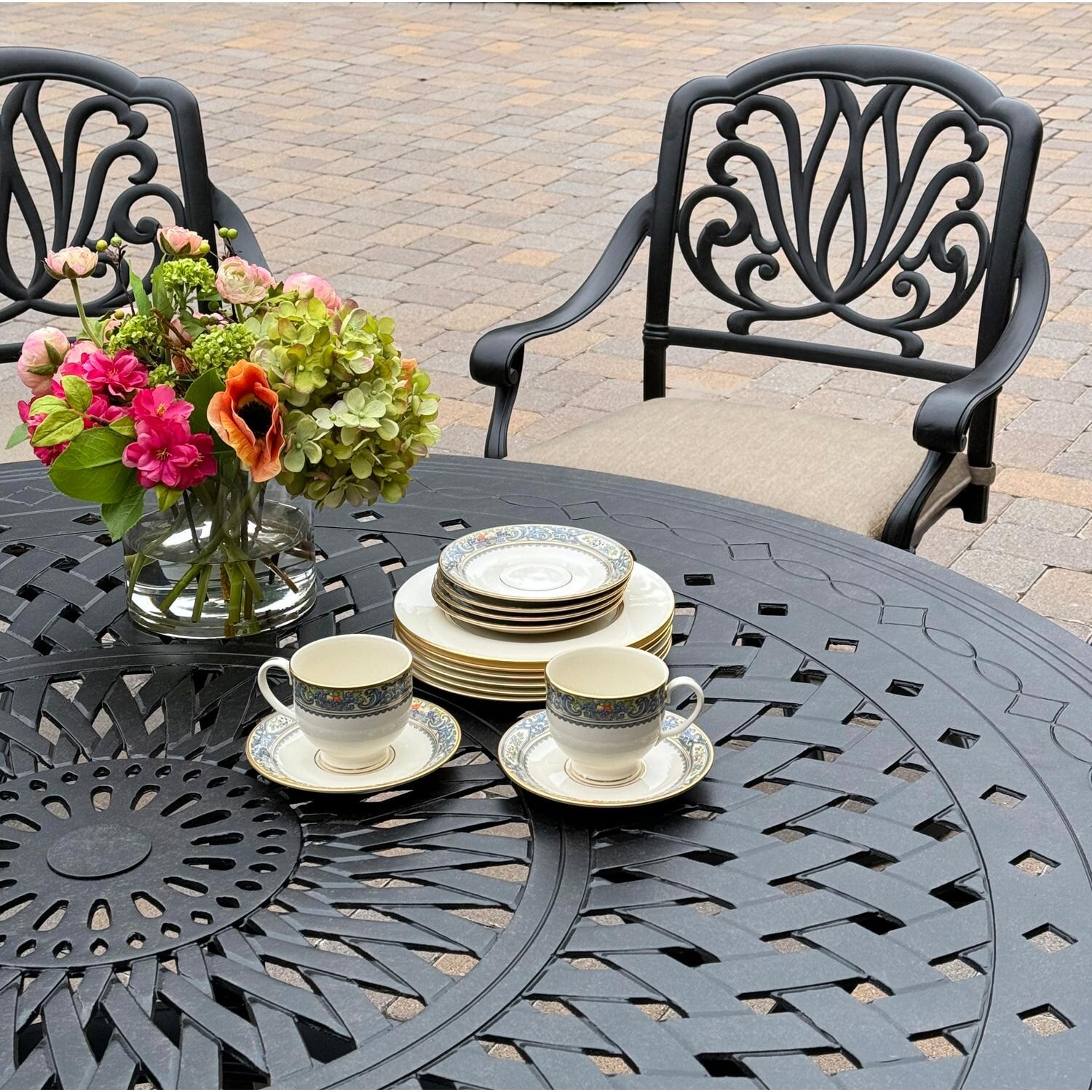 Darlee Elisabeth 7-Pc Dining Set w/ 60-Inch Round Table & Swivel Rockers in Antique Bronze/Beige - Table Angled - Lifestyle thumbnail