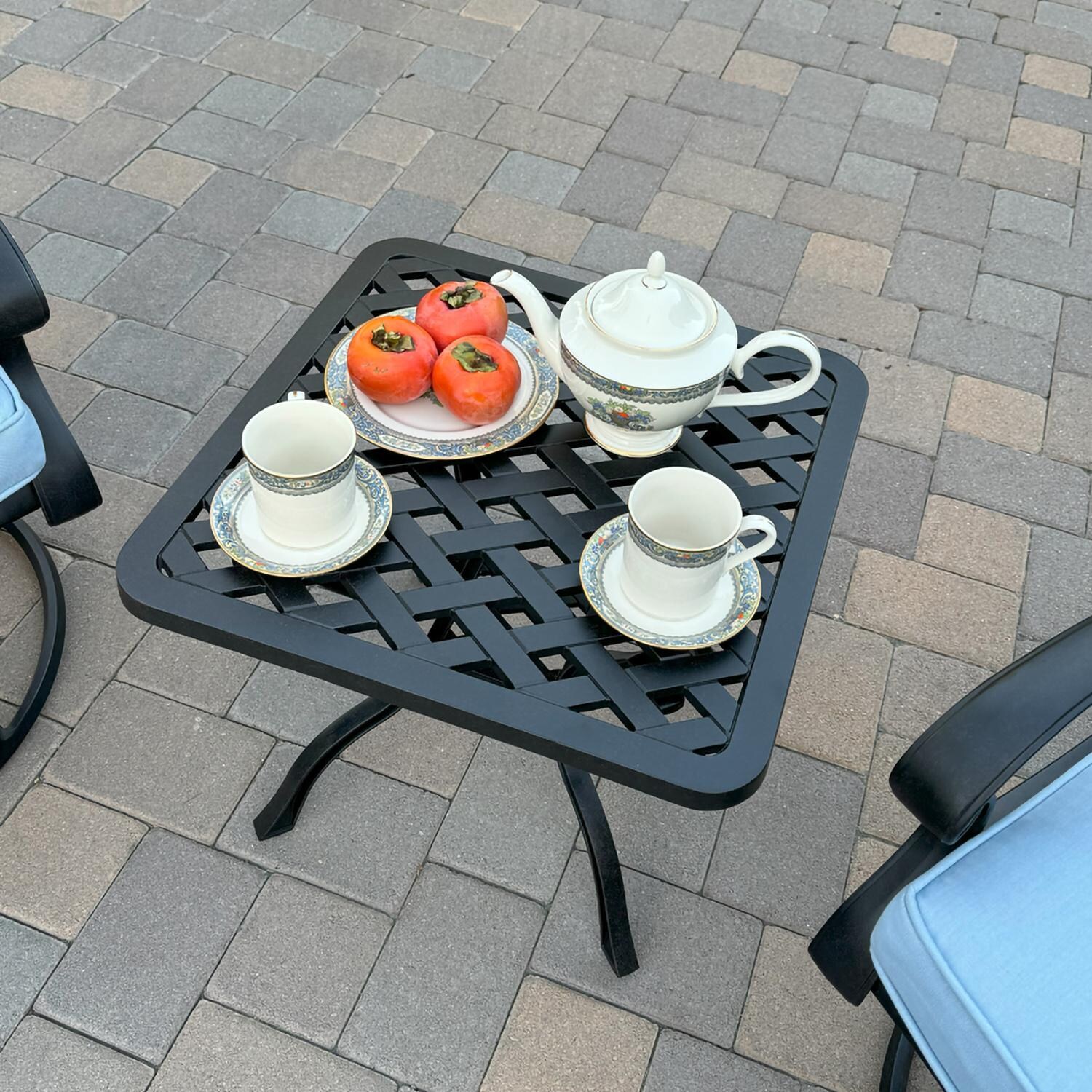 Darlee B/DL13-3PCR-30A-B Nassau 3 Pc Cast Aluminum Conversation Set w/ Rocker in Antique Bronze w/ Blue Cushions - Table Top View - Lifestyle thumbnail