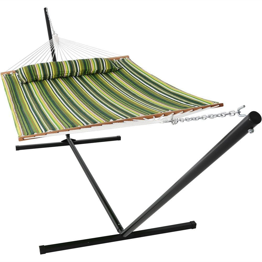 Ultimate Patio Quilted Double Hammock & Pillow w/ 15-Foot Black Stand - Melon Stripe
