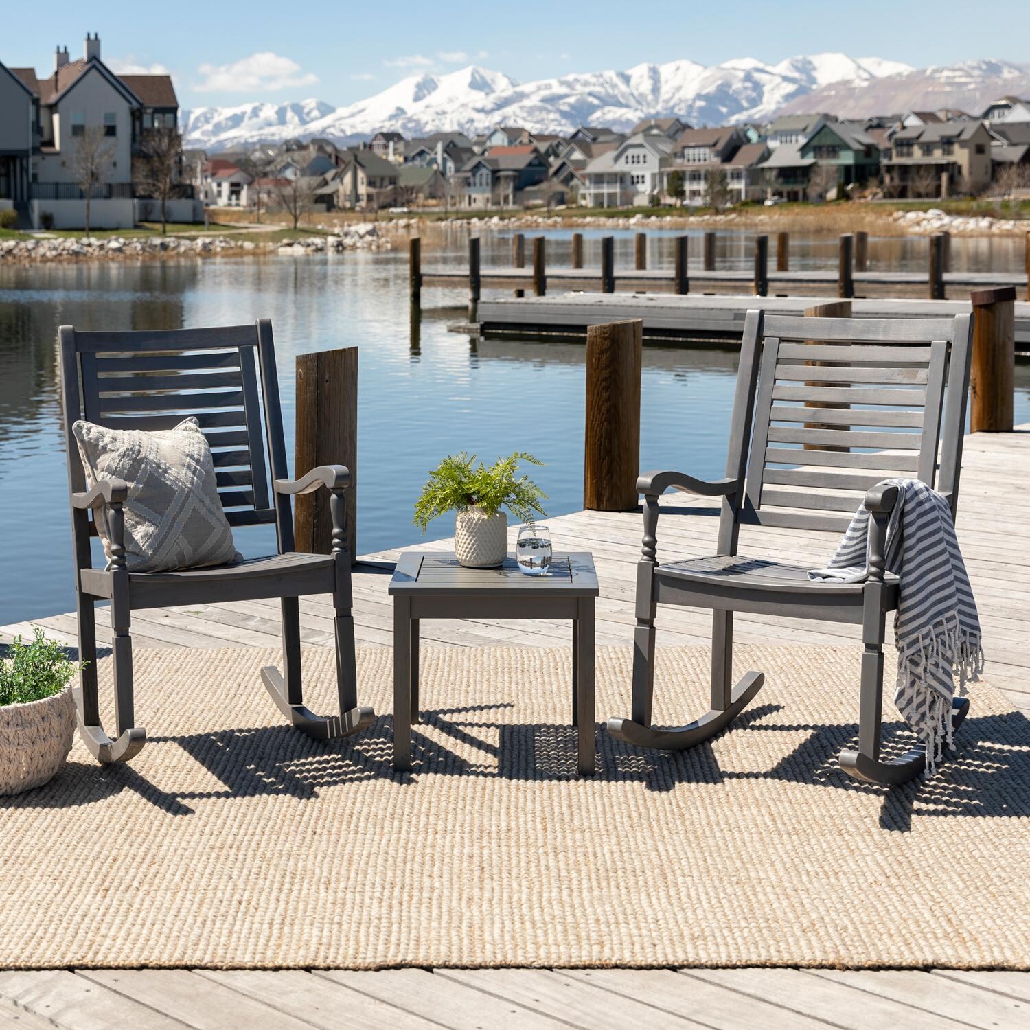 Walker Edison 3 Piece Acacia Patio Rocking Chair Set W/ 20 Inch Square End Table - Grey Wash image