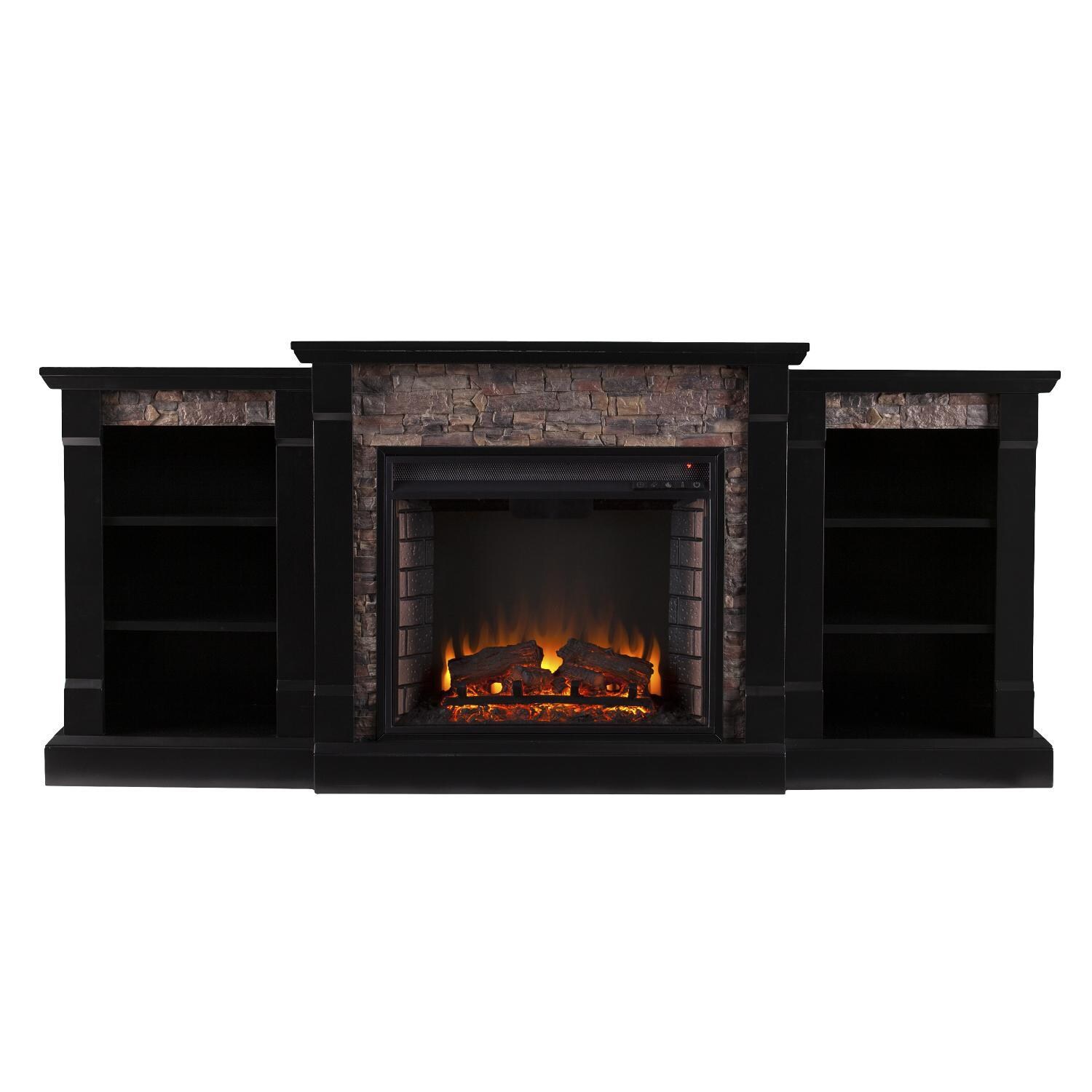 Southern Enterprises Gallatin 71-Inch Electric Fireplace W/ Bookcases - Satin Black W/ Black River Faux Stone - FE8525 - Front View thumbnail