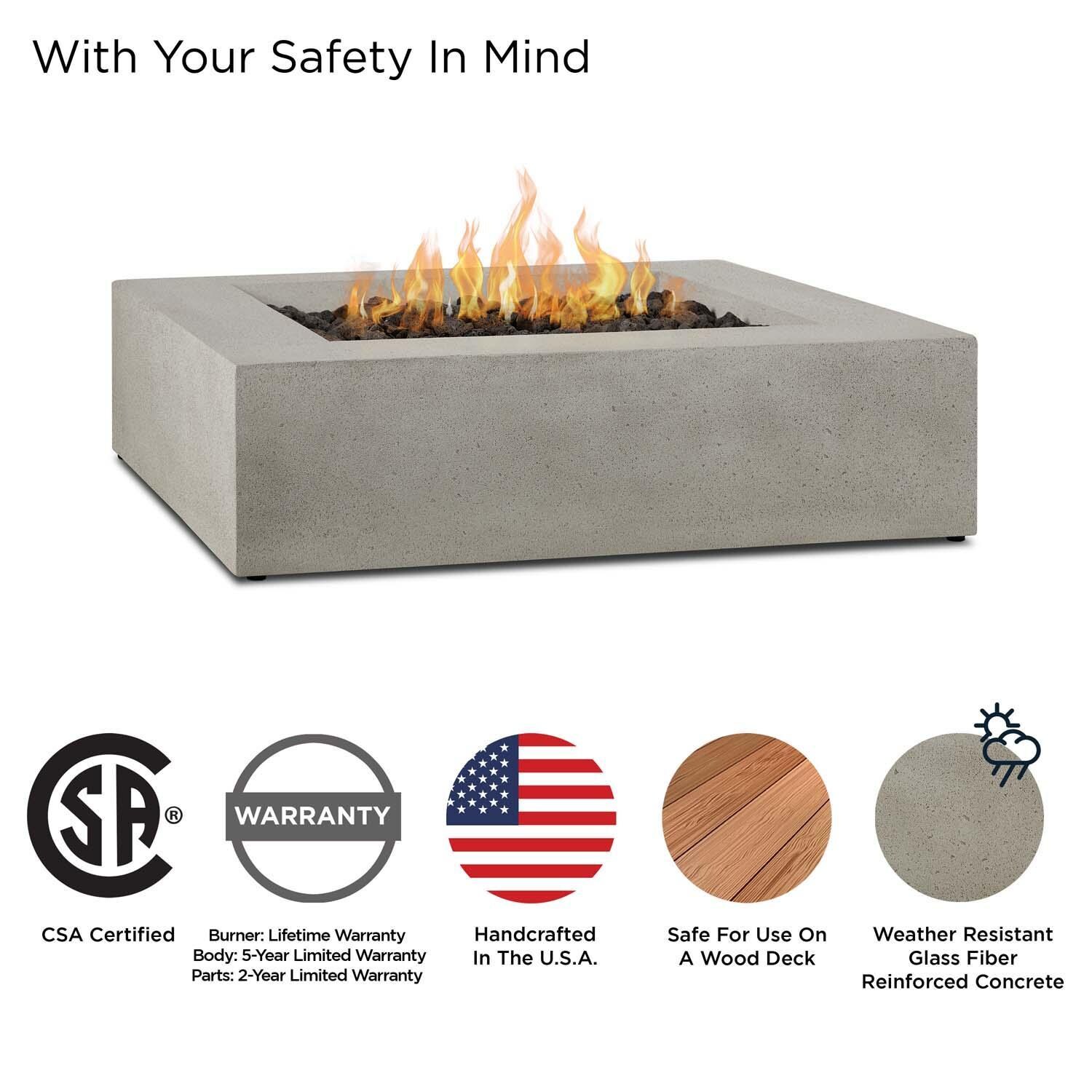 Hillview Bay 42 Inch Square Glass Fiber Reinforced Concrete Propane Fire Pit Table in Flint by BBQGuys Signature - Safety thumbnail