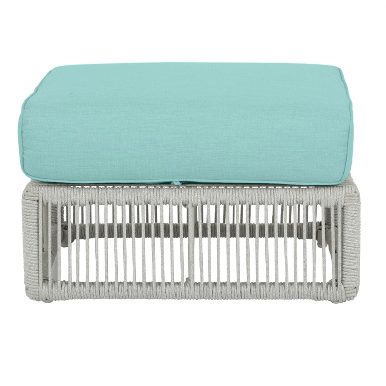 Miami 30 X 23 Rectangular Olfein Rope Patio Ottoman in Dupione Celeste w/ Self Welt by Sunset West - Front View - White Background thumbnail