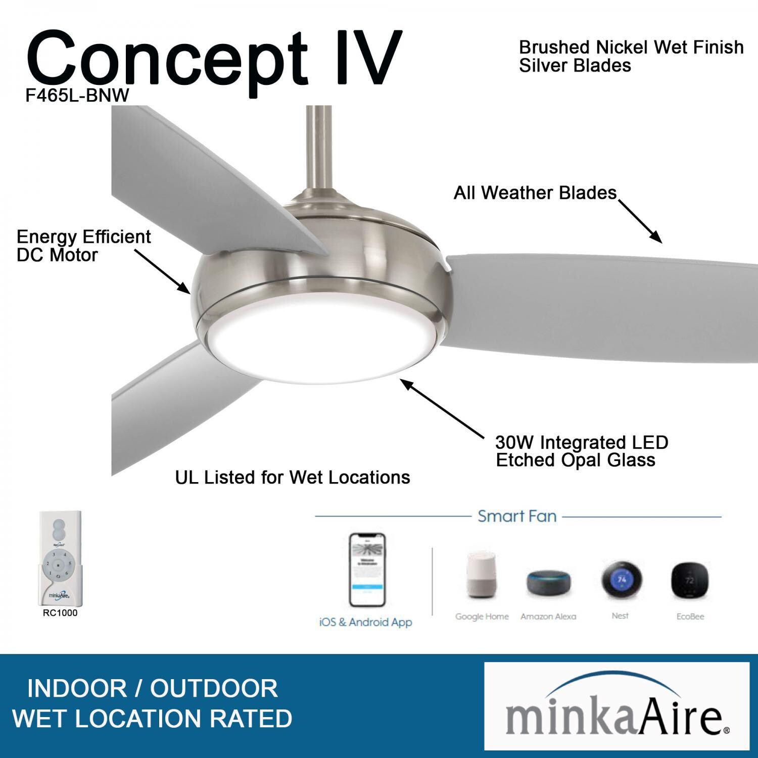 Minka-Aire F465L-BNW Concept IV 54-Inch 3-Blade LED Smart Ceiling Fan in Brushed Nickel Wet Finish w/ Silver Blades & Etched Opal Glass - Details thumbnail