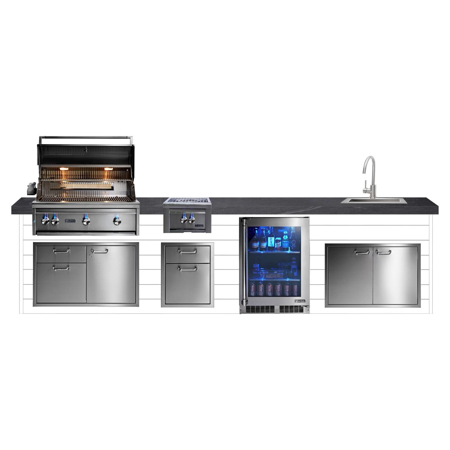 BBQGuys Signature 12ft Luxury Outdoor Kitchen w/ Lynx Professional 36-Inch Natural Gas Grill, 21-Inch Sink & Refrigerator - Canvas White Steel w/ Black Polished Granite - White Background thumbnail
