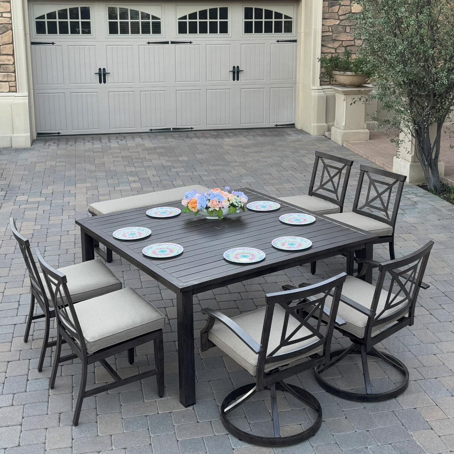 Atlantis 8 Pc Aluminum Dining Set w/ 4 Dining Side Chairs, 2 Swivel Rocker Dining Arm Chairs & Two Person Bench in Walnut/Beige by Darlee