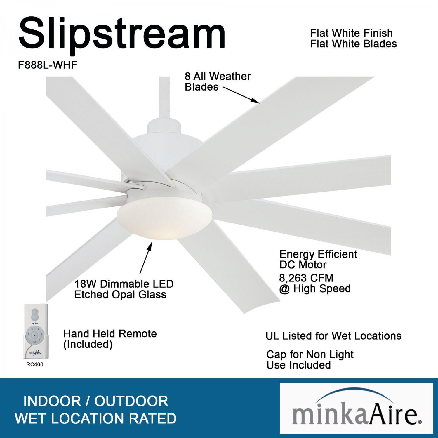 Minka-Aire F888L-WHF Slipstream 65-Inch 8-Blade LED Ceiling Fan in White Finish w/ Flat White Blades & Etched Opal Glass - Details thumbnail
