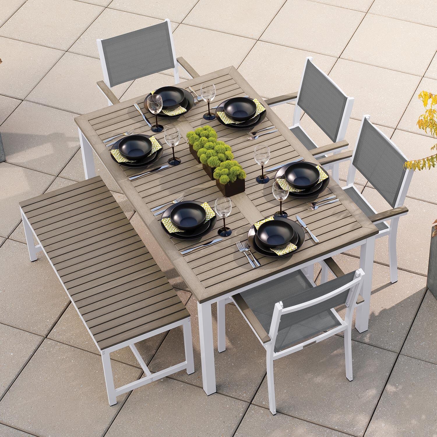 Oxford Garden Travira 6 Piece Chalk Aluminum Patio Dining Set W/ Titanium Sling Armchairs, 63-Inch Rectangular Vintage Tekwood Table & Backless Bench thumbnail