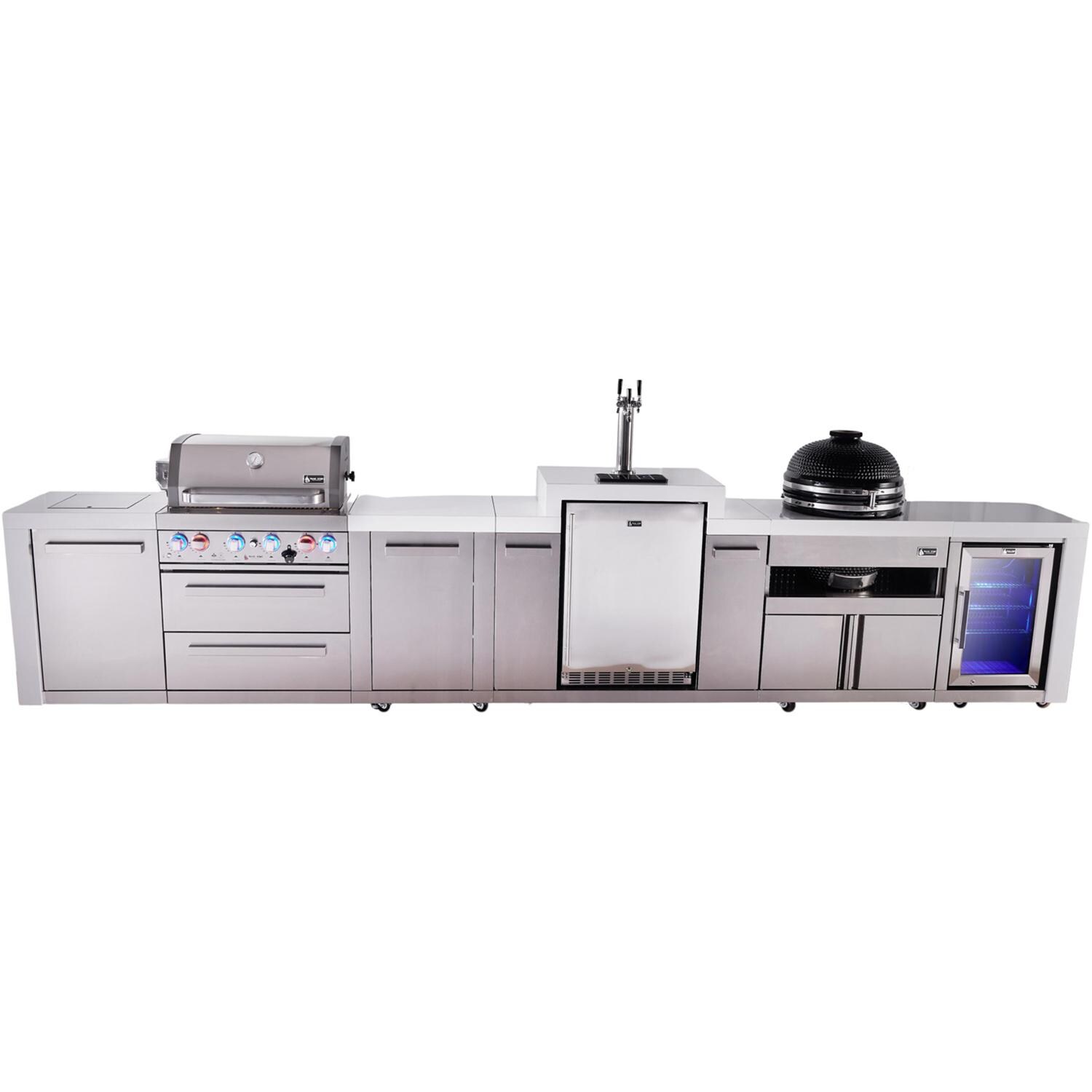 Mont Alpi Deluxe Series 15 1/2 Ft Propane Outdoor Kitchen Island w/ 32-in Grill, Side Burner, Kegerator, Fridge, Kamado Module & Extra Door - MAi400-DKEGFCKAMXL - Island - White Background thumbnail