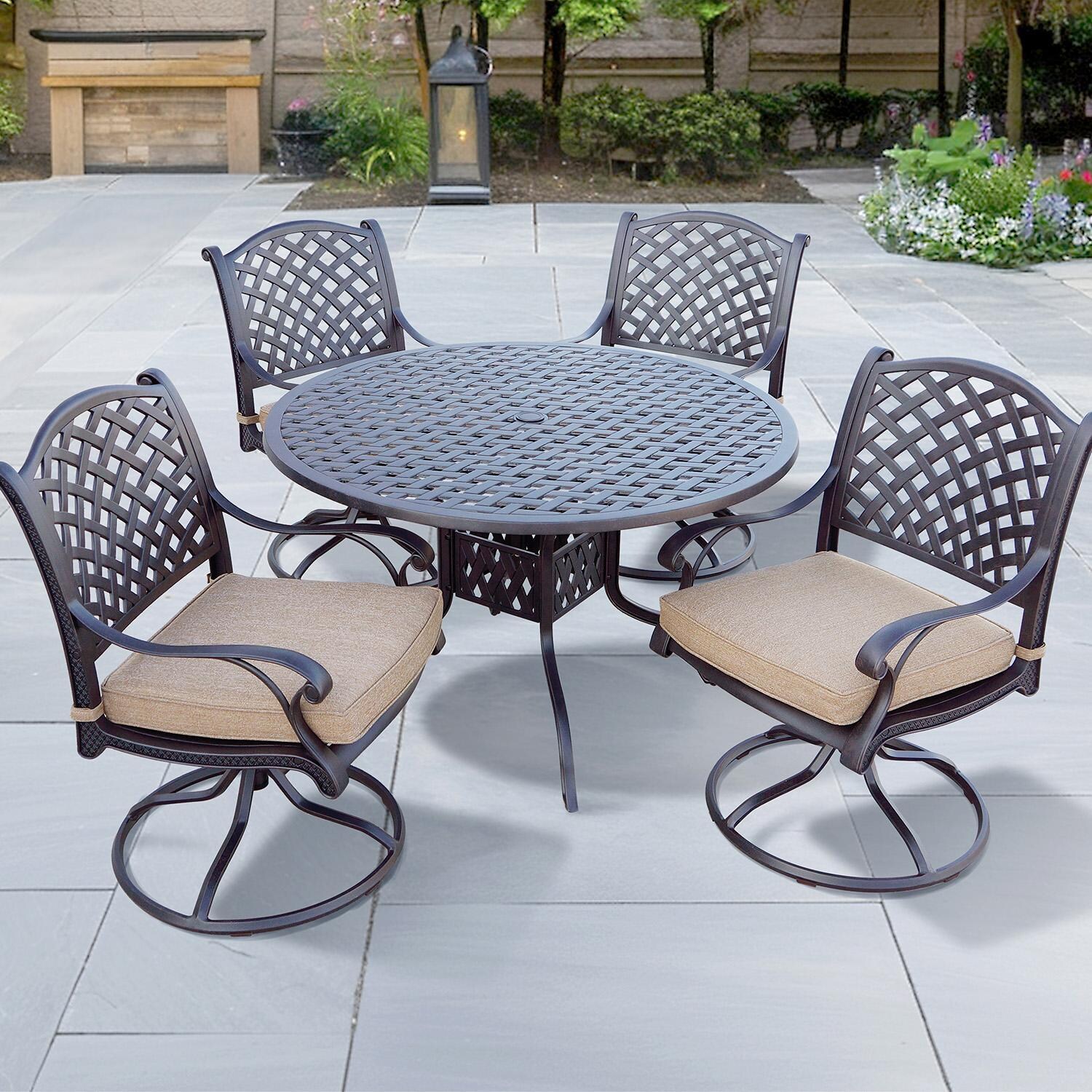Darlee Nassau 5-Piece Patio Swivel Rocker Dining Set with Sesame Cushions and 48 Inch Round Dining Table - Set - Lifestyle thumbnail