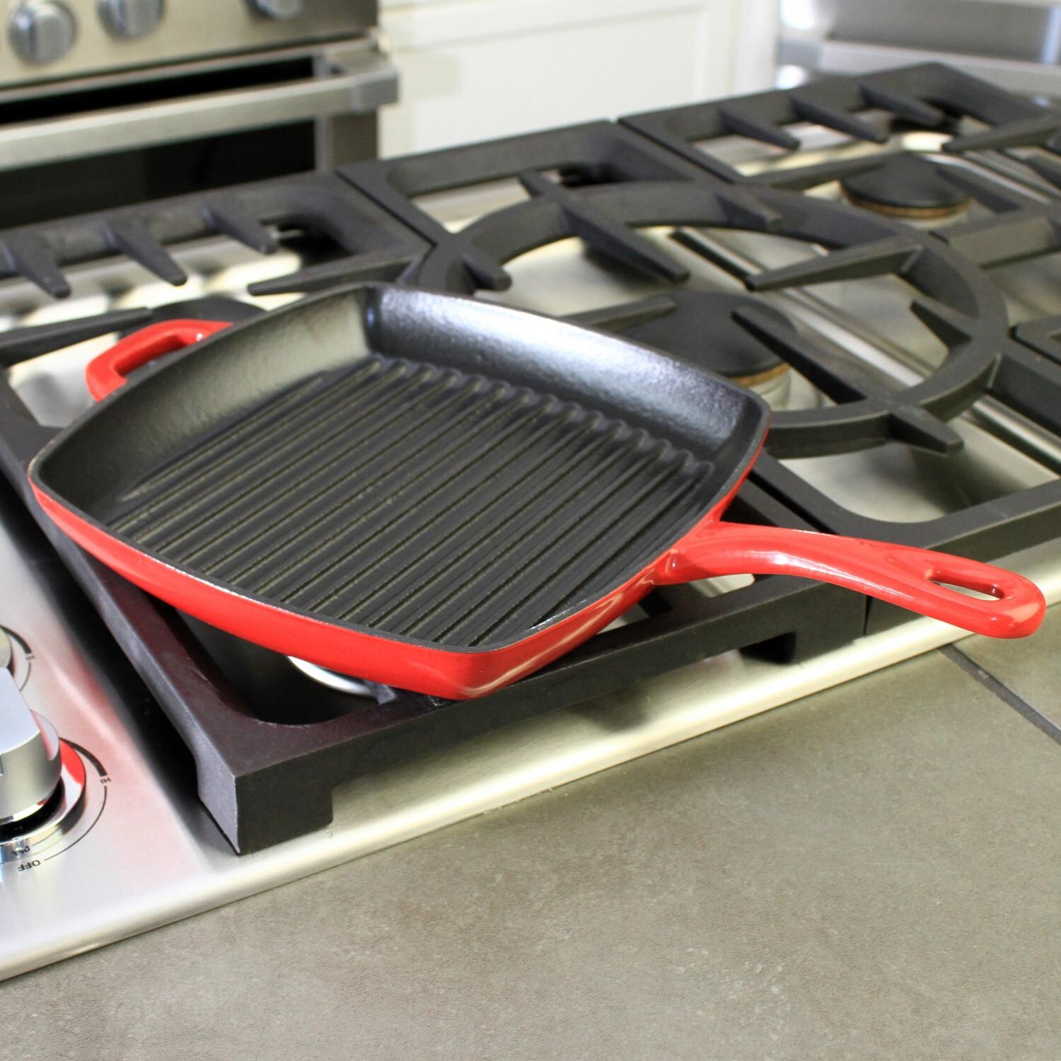 Lodge Pans Cast Iron Enamel Island Spice Grill Pan Red In Use thumbnail