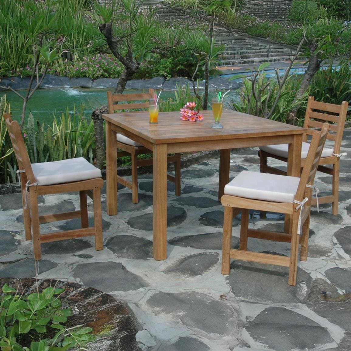 Amite Bay 5 Pc Teak Dining Set in Canvas Natural by Lakeview Outdoor Designs