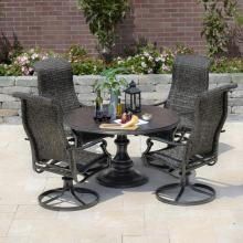 Du Monde 5 Piece Banana Leaf Wicker Patio Dining Set W/ 48 Inch Round Pedestal Dining Table & Swivel Rockers By Lakeview Outdoor Designs image