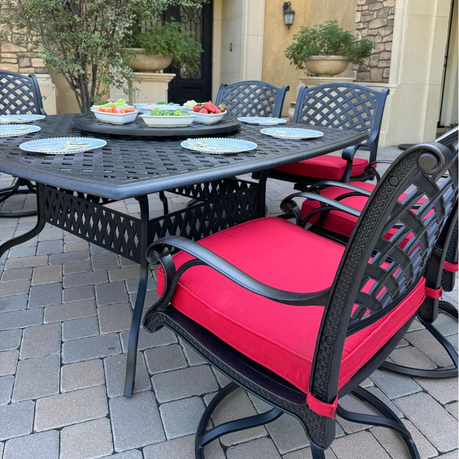 Darlee B/DL13-10PCAR-30W3930-R Nassau 10 Pc Cast Aluminum Dining Set in Antique Bronze w/ Red Cushions - Table Angle - Lifestyle thumbnail