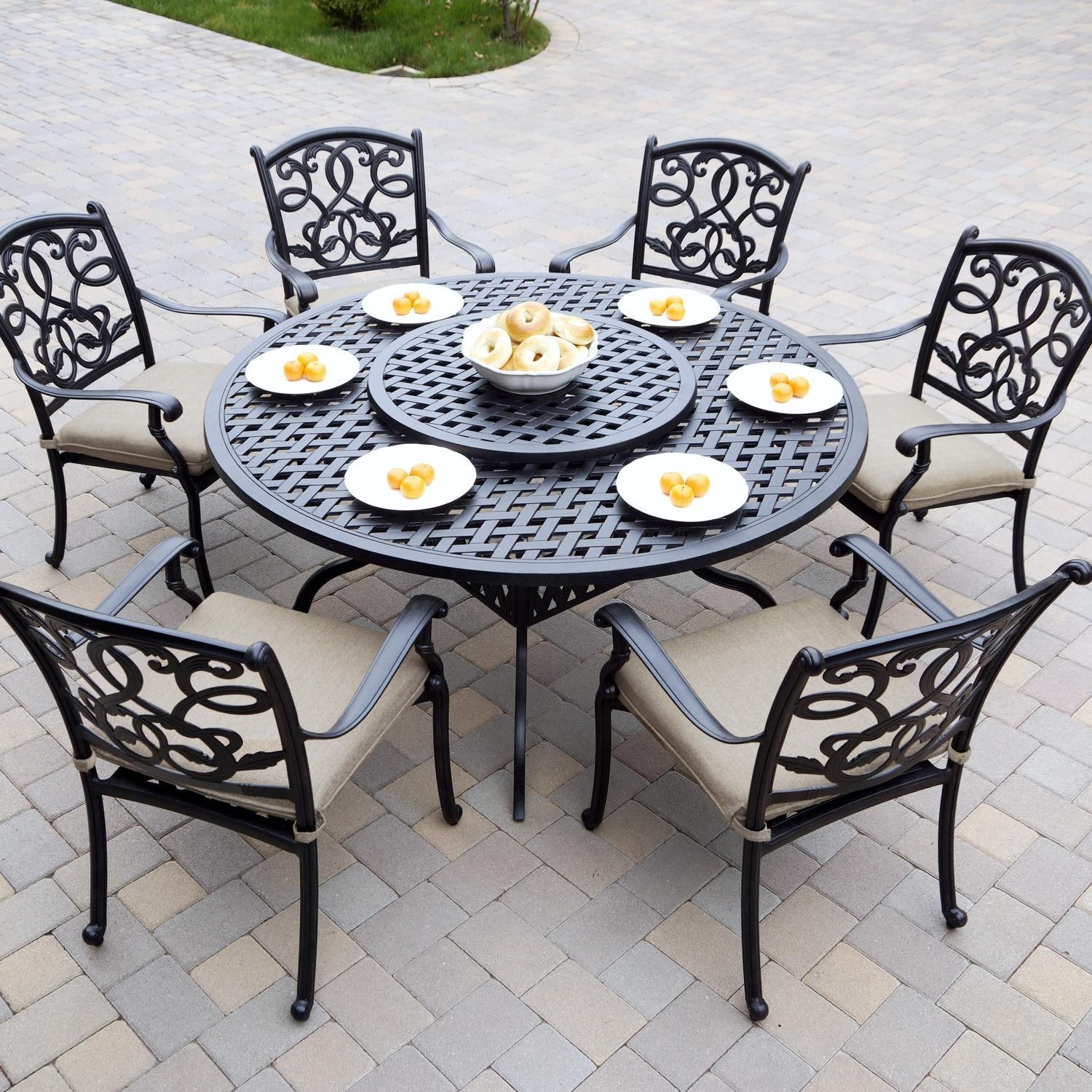 Darlee Santa Monica 8 Pc Cast Aluminum Dining Set w/ 60 Inch Round Series 30 Table & Lazy Susan in Antique Bronze/Beige Canvas by